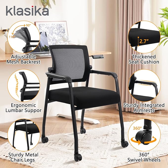 Waiting Room Chairs with Wheels, Adjustable Mesh Backrest, Desk Chair with Ergonomic Lumbar Support and Thickened Seats Cushion, 8 Pack Black