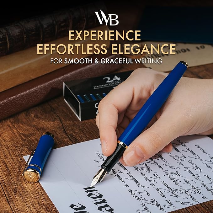 Wordsworth & Black Fountain Pen Set, 18K Gilded Broad Nib, Includes 24 Pack Ink Cartridges, Ink Refill Converter & Gift Box, Gold Finish, Calligraphy, [Imperial Blue], Perfect for Men & Women