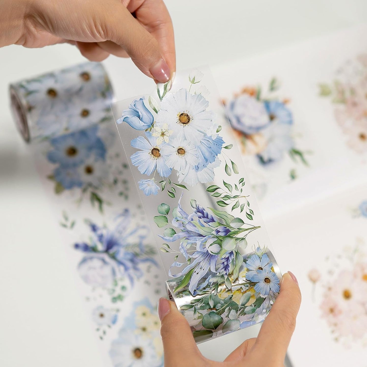 WT Serene Wide PET Tape, Single Roll, Original Designs, Watercolor Blue Flower Decorative Tape, Transparent Clear Adhesive Tape, Journal Scrapbook Bujo Planner DIY Craft Supplies