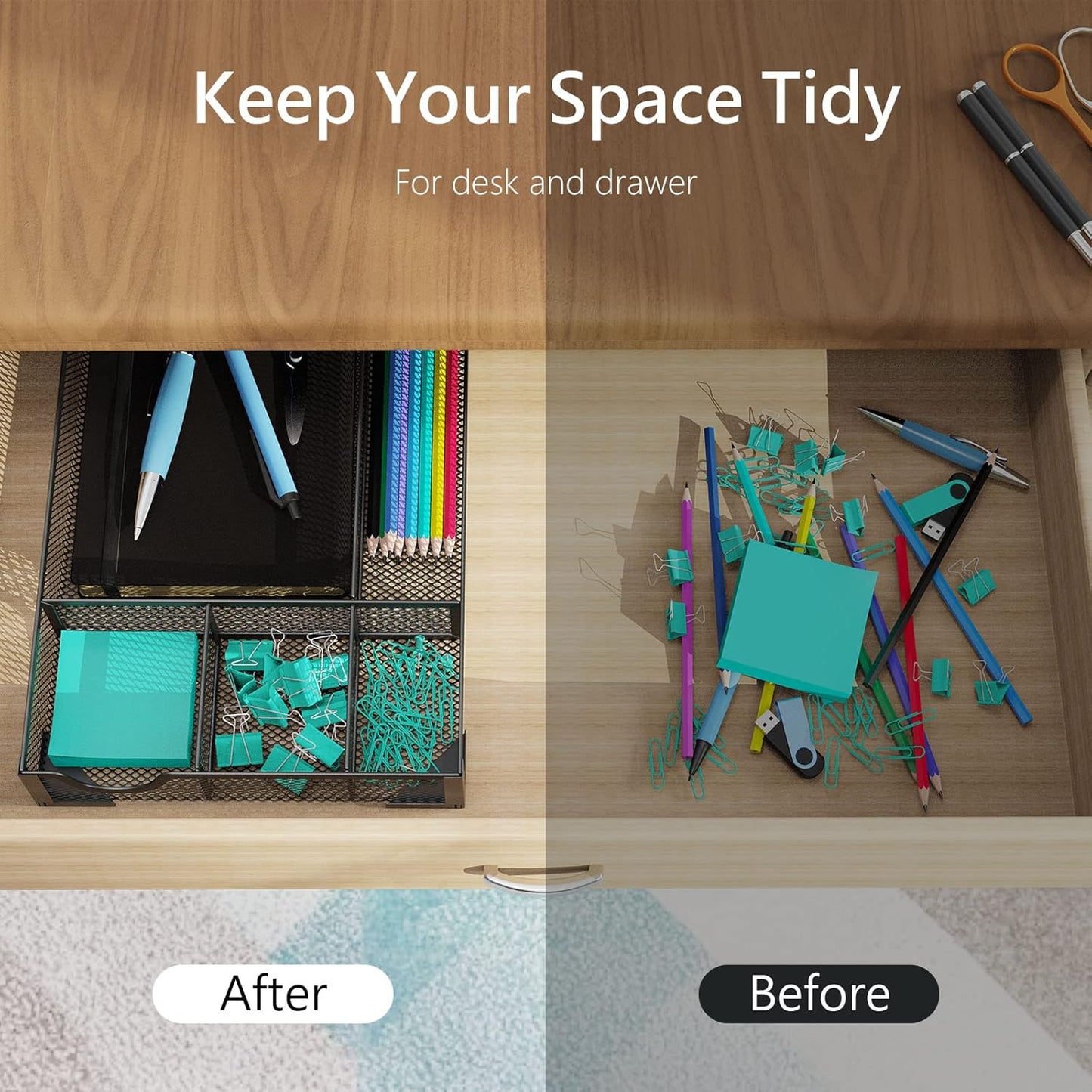 Desk Drawer Organizer, Office Desk Organizer Tray with 5 Dividers, Pen Pencil Drawer Organizer for Office Supplies, Desktop, Bathroom, Kitchen, Makeup, Vanity ﻿