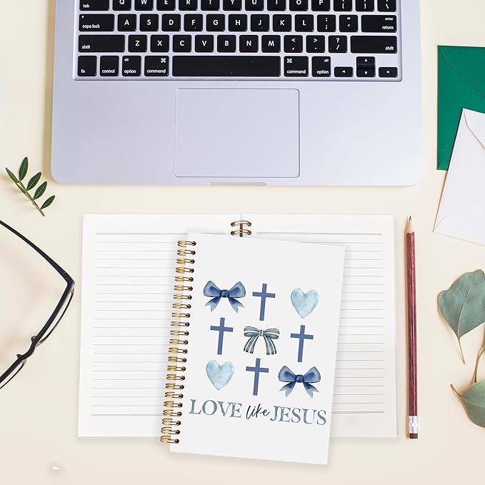 BearCake Love Like Jesus Christian Notebook Journal, Christian Gifts for Women, Blue Coquette Bow Cross Prayer Journal for Woman, Bible Journaling Hardcover Spiral Notebook 5.5x8.3