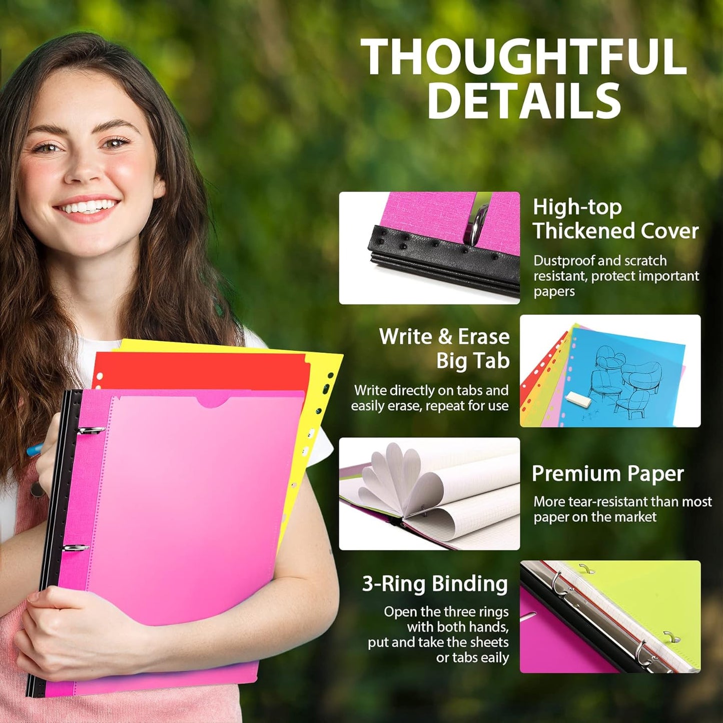 WOT I 2-Pack Telescoping 3 Ring Binder Notebooks - Customizable Cover, 5 Dividers & Pocket Folder in One Slim Organizer (60 Sheets Included), Pink