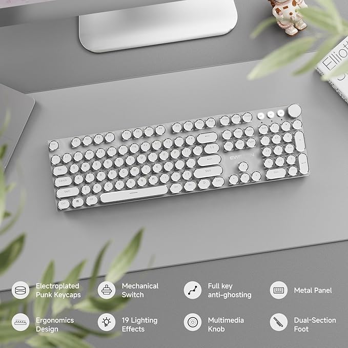 EWEADN Typewriter Style Mechanical Gaming Keyboard, Wired Mechanical Keyboards,104 Keys Backlit LED Keyboards, Media Control Knob, Wired Computer Keyboard Pink Switch for Windows/Mac/PC-White