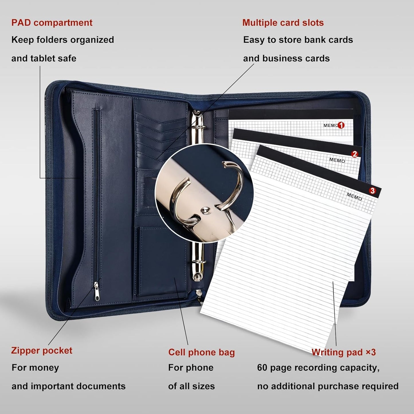 Leathario Portfolio Binder, Includes 5 Folder Index Dividers and 3 Notepads, 3-Ring Folder Organizer, Padfolio with Zipper, Vegan Leather Tablet Sleeve, Business Office Conference Clipboards