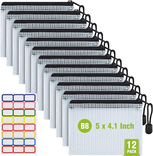 12 Pcs Plastic Mesh Zip File Bags, Waterproof Tear-Resistant Document File Folders, B8 Size Zipper Documents Pouch Document Organizer Bags for School Office Home Travel Storage(5×4.1 Inch)