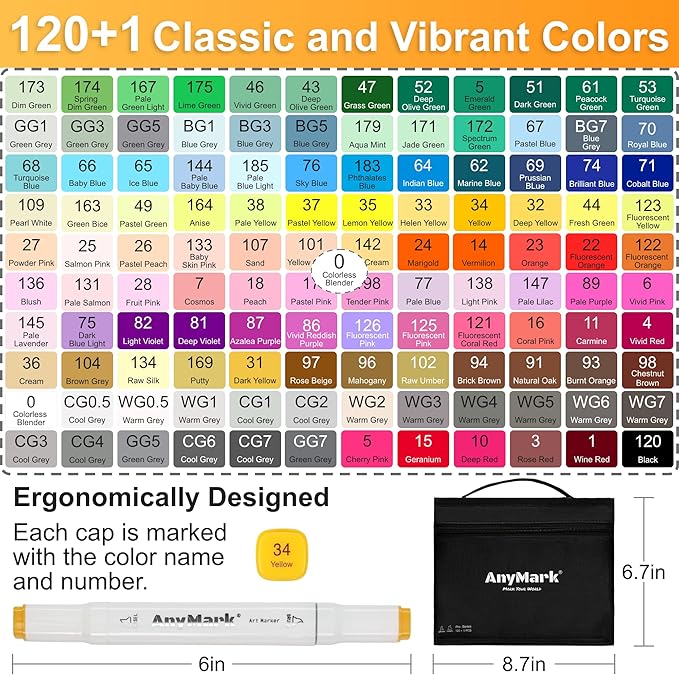 AnyMark Alcohol Markers Brush Tip, 120+1 Colors Dual Tip Brush & Chisel Alcohol-Based Art Markers Set with Case for Kids Adult Artists Drawing Coloring