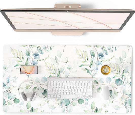 QIYI Large Mouse Pad, Cute Green Leaves Desk Mat for Desktop, Women Girls Office Décor Desk Accessories, PU Leather Waterproof Gaming Mousepad, Eucalyptus Leaf Desk Pad Computer Mat, 31.5" x 15.7"