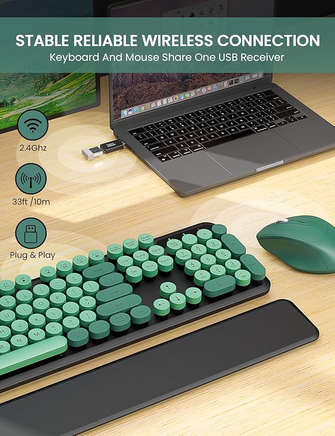 Wireless Keyboard and Mouse Combo - Cute Typewriter Keyboard with Detachable Wrist Rest, Retro Round Keycaps, Foldable Legs, 2.4GHz Keyboards for PC Laptop, Mac, Windows - Trueque (Black and Green)