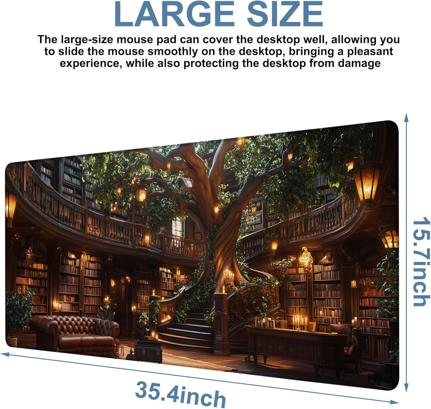 Large Mouse Pad Old Library Gaming Desk Pad Computer Keyboard Non-Slip Waterproof Mouse Mat with Rubber Base and Stitched Edges Entertainment Office Writing Desk Mat 35.4 x 15.7 Inches