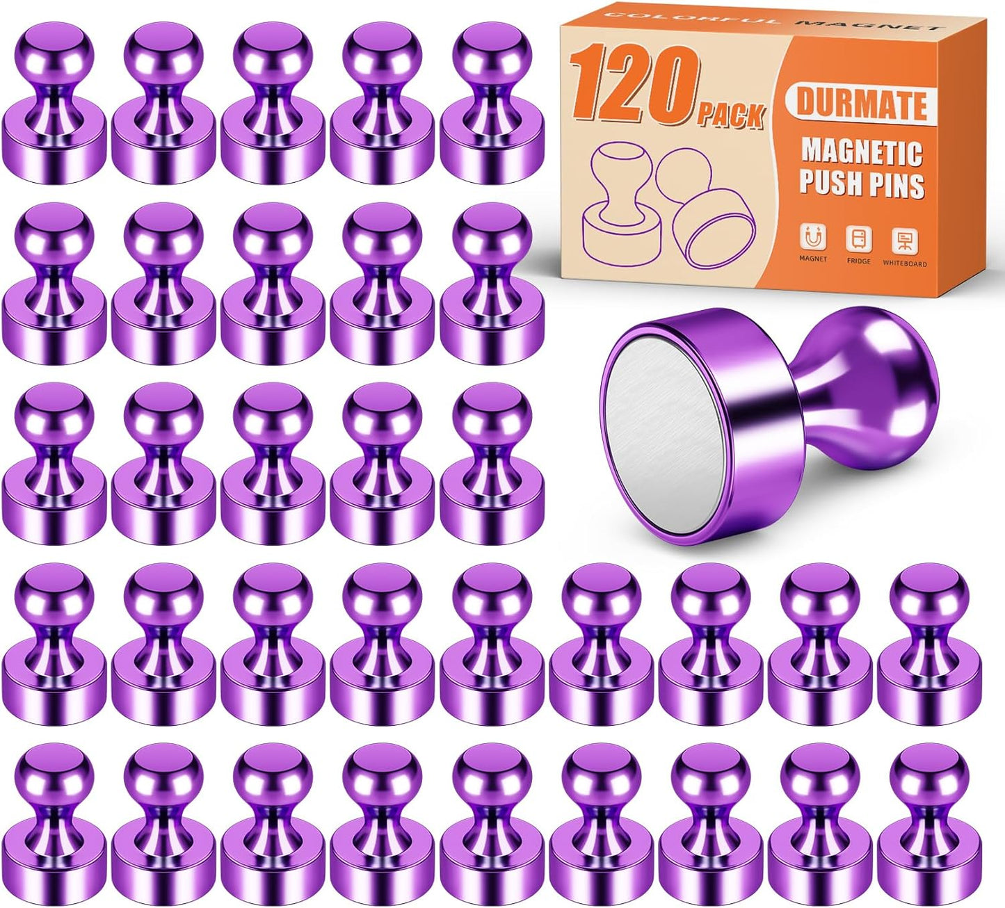 Strong Whiteboard Magnets, Purple Metal Fridge Magnets for Crafts, Cute Magnetic Push Pins for Office, Kitchen, Classroom, Refrigerator, Desk, Wall, Bulletin Board Pack of 120