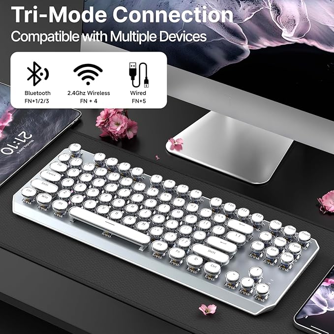 EWEADN Wireless Mechanical Typewriter Keyboard,80% Layout with White Backlit, Anti-Ghosting, Blue Switch Bluetooth/2.4GHz/USB-C Aesthetic Keyboard-White