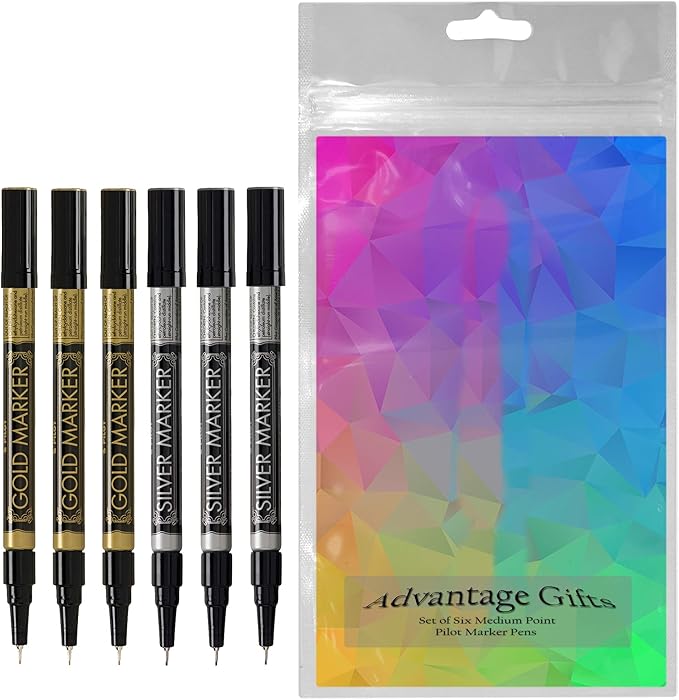 Metallic Permanent Paint Markers, Gold And Silver, Extra Fine Point (0.5mm), 6 Count, Bundle with Plastic Reusable Pouch