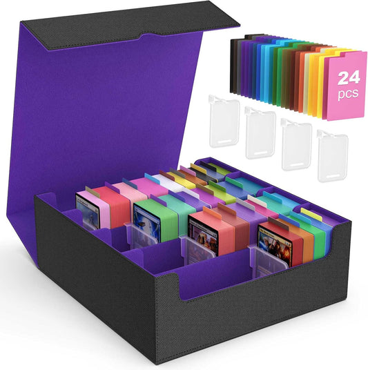 MoKo Trading Card Storage Box, 3000+ MTG Deck Box with 24 Colorful Dividers & 4 Card Supporters, Commander Card Deck Case Fits for Magic Game Cards, YugiOh, TCG, PTG and Sport Cards, Black Purple