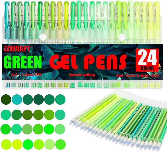 Green Gel Pens for Coloring Book,72 Color Gel Pens Set including 24 Color Gel Pen with 48 Refills,40% More Ink Colored Gel Pens for Drawing, Doodling, Scrapbook, Journaling