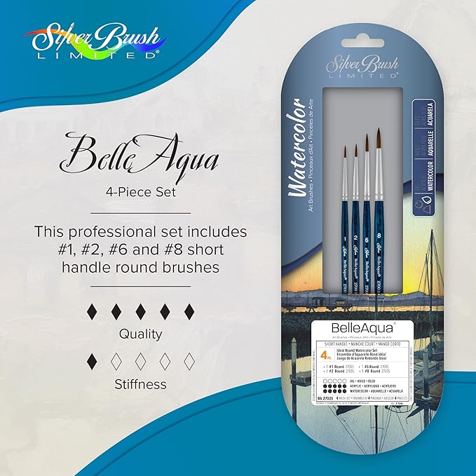 Silver Brush Limited BA-2702S BelleAqua Ideal Watercolor Brush Set, 4pc Professional Premium Soft Synthetic Sable Round Paint Brushes, Sizes 1, 2, 6, and 8