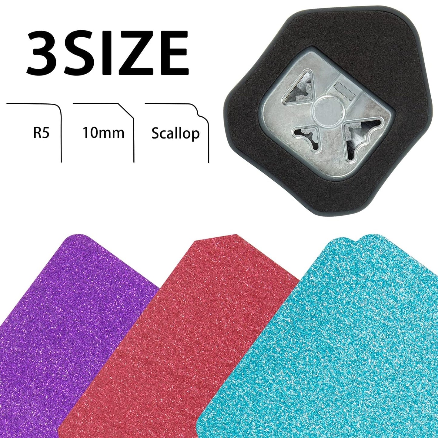 QIQQIKIN Corner Cutter 3 in 1 (R5+10MM+Scallop) Edge Rounder Punch, Paper Corner Punches for Paper Crafts, Picture Photo Clipper Laminating Scrapbook Chomper Business Card Making Junk Journal Supplies