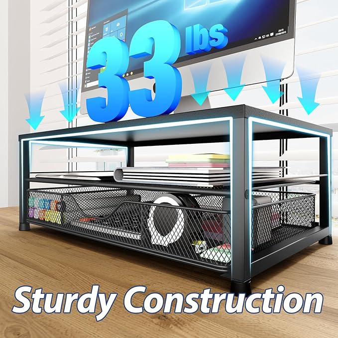 Desk Organizer and Accessories, 2-Tier Computer Monitor Stand Riser with Drawer and 2 Pen Holders, Laptop Stand, Office Desk Accessories for Office Supplies, Black 2-Pack