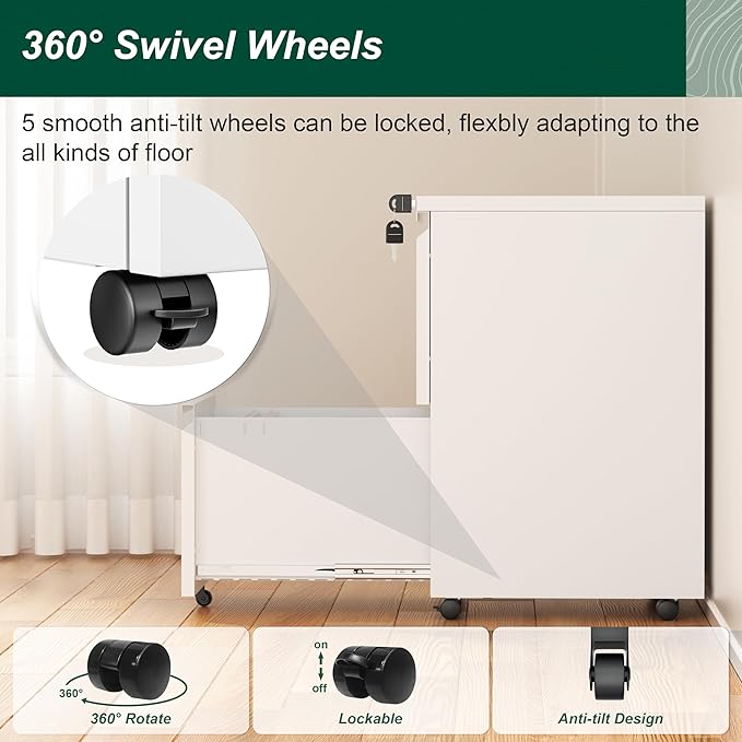 Superday 2 Drawer File Cabinet, Metal Rolling Filing Cabinet with Lock, Small File Cabinets with 2 Drawer, Filing Cabinets for Home Office Fit A4/Letter/Legal, Easy Assemble, White