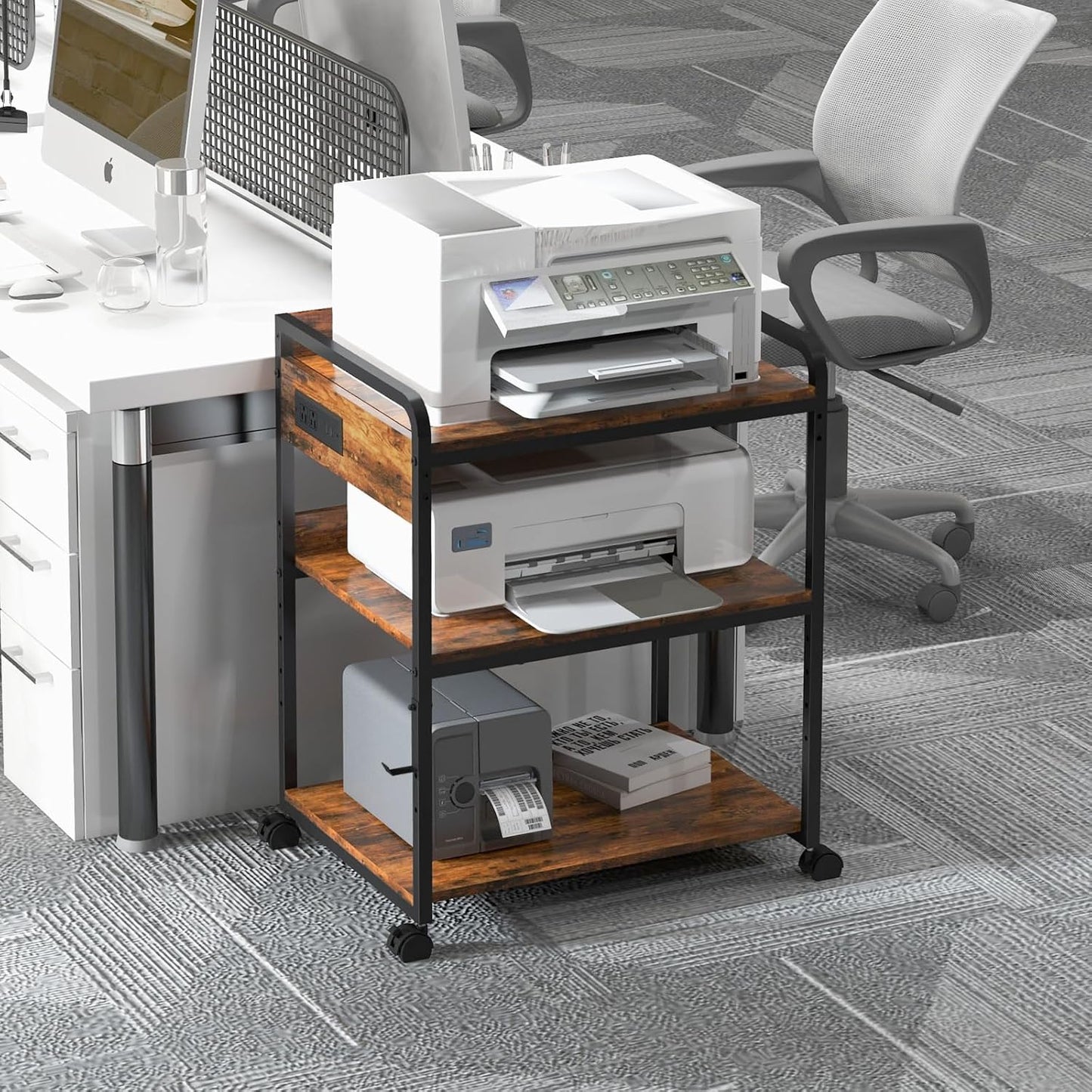 3 Tier Large Printer Stand with Wheels, 25.2 x 18.9 Inch Printer Stand with Power Outlet USB Port, Printer Table with Adjustable Storage Shelf for Home Office, Rustic Brown
