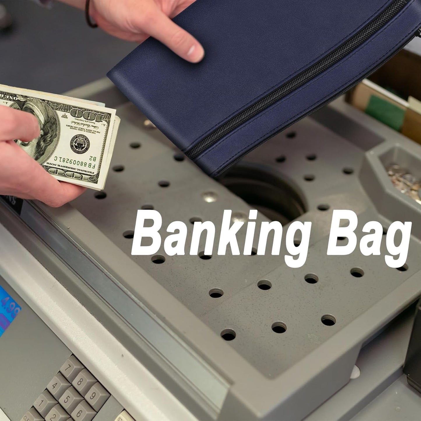 HAUTOCO Money Bag with Zipper 11x6.1 inch Money Pouch with Lined PU Leather Bank Bag Two Pockets Utility Wallet for Cash Check Receipt Coins Cosmetics, Dark Blue