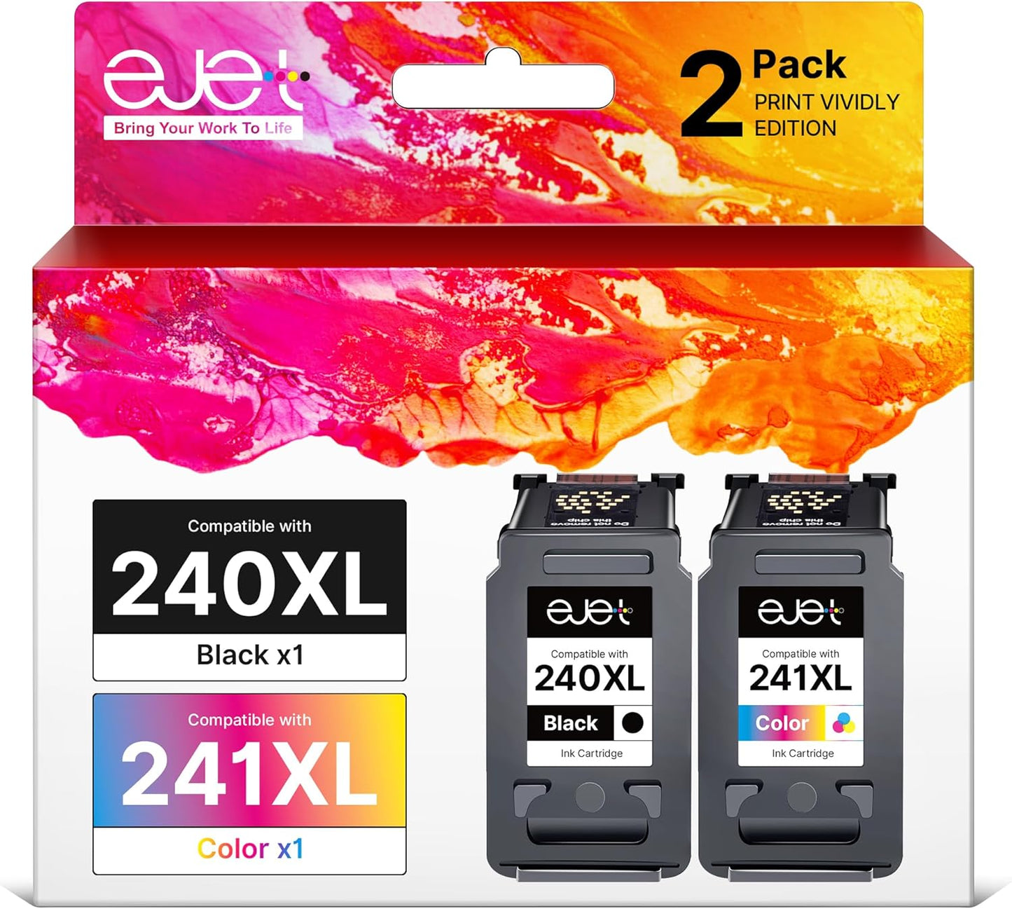 ejet PG-240XL/CL-241XL Ink Cartridge Replacement for Canon 240XL 241XL Combo Pack for Canon 240 241 High Capacity for Printer Pixma MG3620 TS5120 MG2120 MG3520 MX452 MX512 MX532 MX472 (2 Pack)