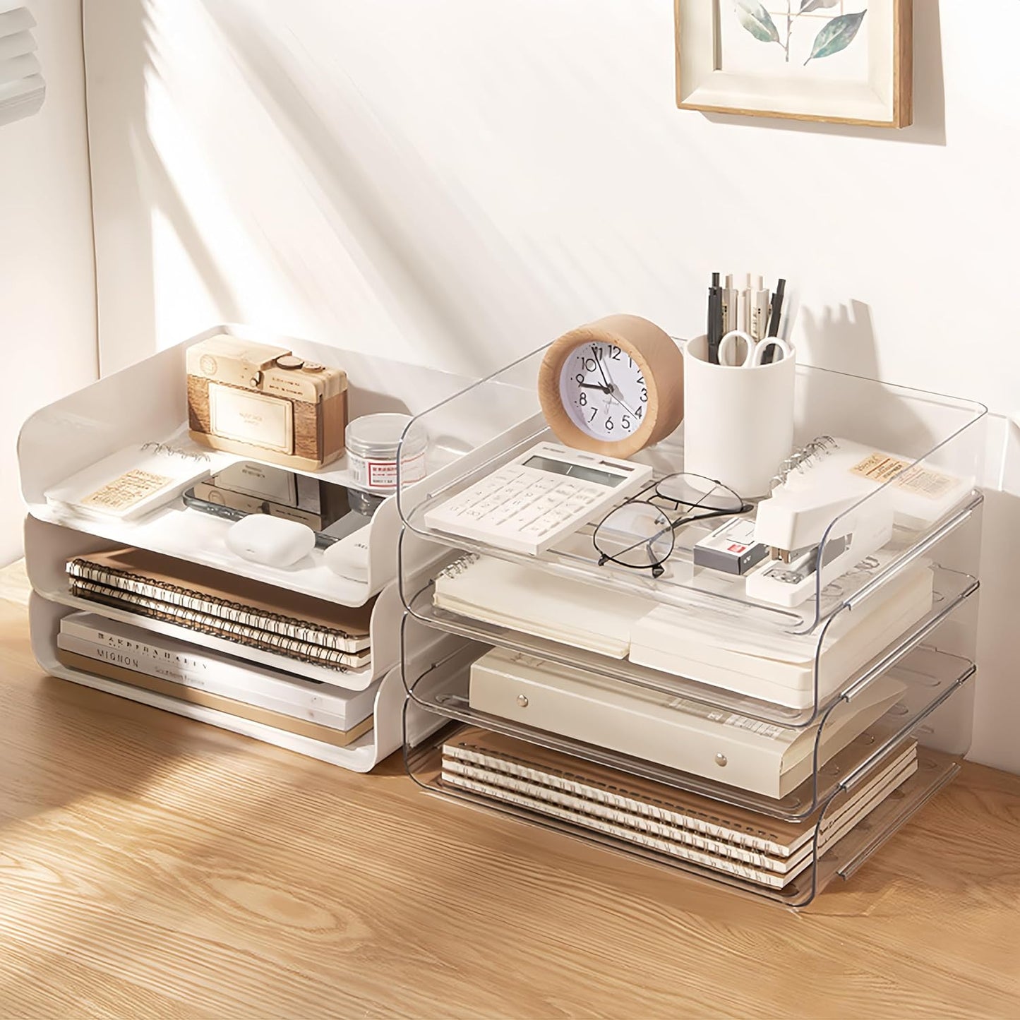 Desk Organizer Stackable Desk Paper Letter Tray Organizer Office Desktop File Paper Holder Book Storage Organization Rack (Clear, 4 x Standard Entry)