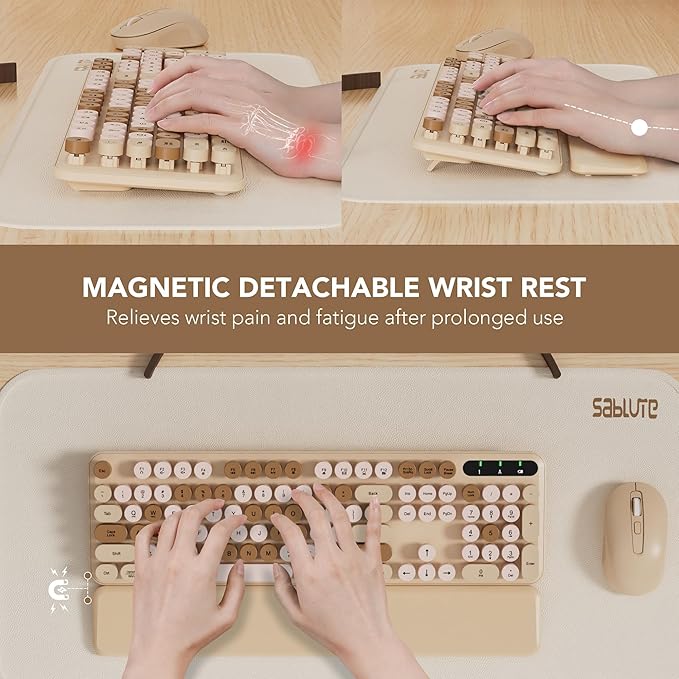 Wireless Keyboard and Mouse Combo, Round Keycaps, Full-Size Retro Typewriter Keyboard with Detachable Wrist Rest, Sleep Mode & Tilt Legs, 2.4GHz Cordless Connection for Mac/Windows/PC (Latte)