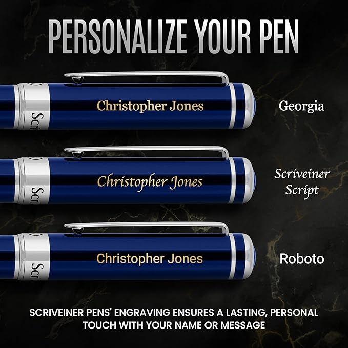 Scriveiner Personalized Midnight Blue Pen - Stunning Blue Lacquer Luxury Pen, Chrome Finish, Schmidt Ink Refill, Best Engraved Ball Point Gift Set for Men & Women, Custom Name Engraving