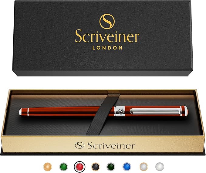 Scriveiner Deep Crimson Red Rollerball - Stunning Red Lacquer Luxury Pen with Chrome Finish, Schmidt Ink Refills, Roller Ball Pen Gift Set for Men & Women, Professional, Executive, Office, Nice Pens