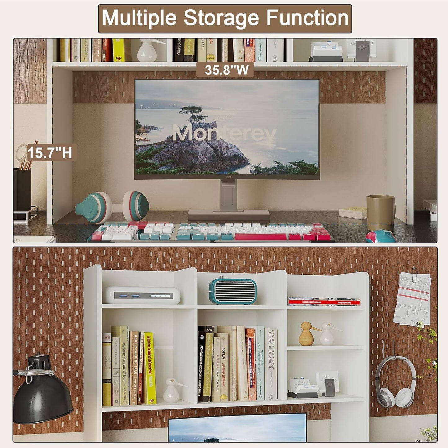 ChooChoo Desktop Bookshelf, Wood Desk Hutch Organizer with 7 Shelves for Computer Desk, Desktop Shelf Bookshelf Storage for College Dorm Office Home, White