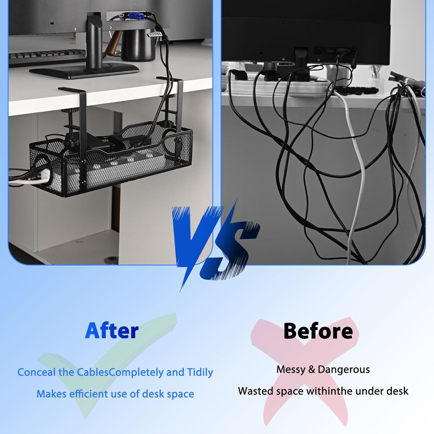 No Drill Under Desk Cable Management Tray – Clamp-On Metal Cable Organizer for Power Cords – Easy Install Wire Holder for Home Office Desk (Black)