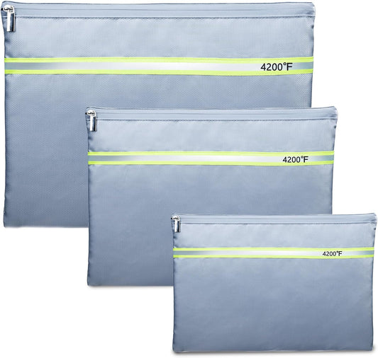 Fireproof Document Bag – 3 Pack (15" x 11", 13" x 9.7", 10.5" x 8") Fireproof & Water- proof Document Organizer | Document Holder with Zipper Secure for Cash, Passports, Check& More