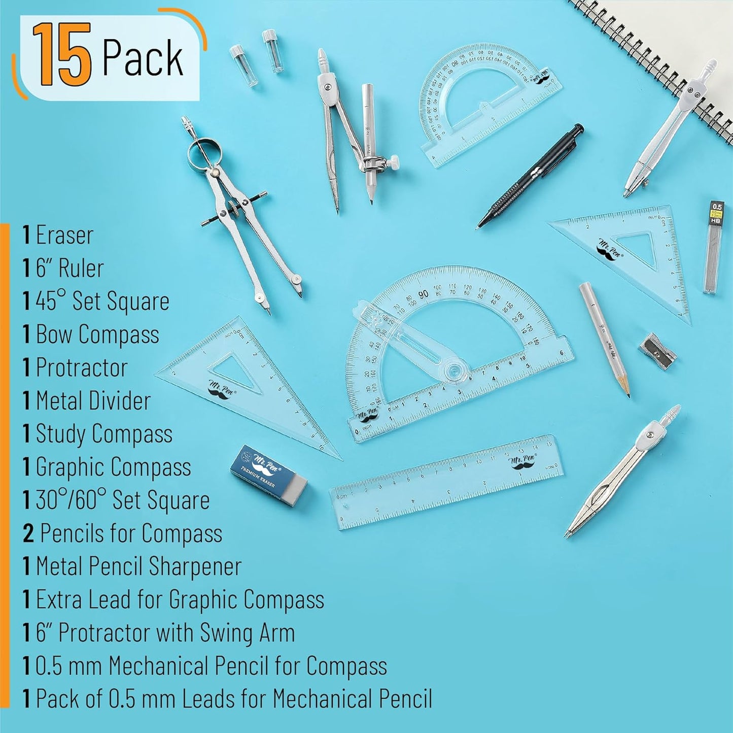 Mr. Pen- Geometry Set, 15 pcs, Light Grey, 6 Inch Swing Arm Protractor, Divider, Set Squares, Ruler, Compasses and Protractor