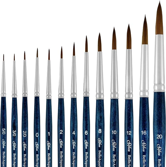 Silver Brush Limited BA-2750S BelleAqua Wet and Wild 13pc Professional Watercolor Brush Set, Soft Synthetic Red Sable Round Paint Brush Set, Sizes 5/0, 3/0, 2/0, 0, 1, 2, 4, 6, 8, 10, 12, 16, & 20