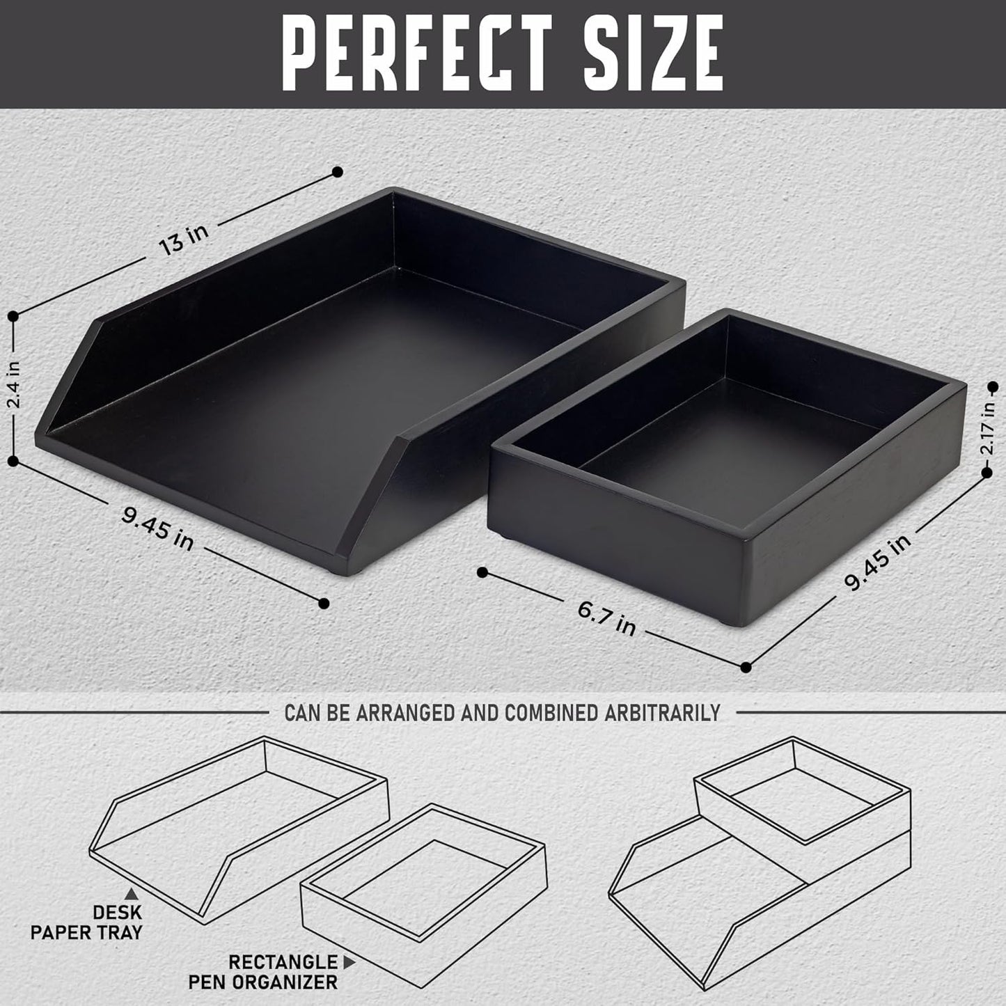 Demigo Desk Organizer Letter Tray Set of 2, Acacia Wood Tabletop Desktop for Storage Paper Letter Folders Notebooks Copy Print, Workspace Holder, Keep Stationery Saver (Black)