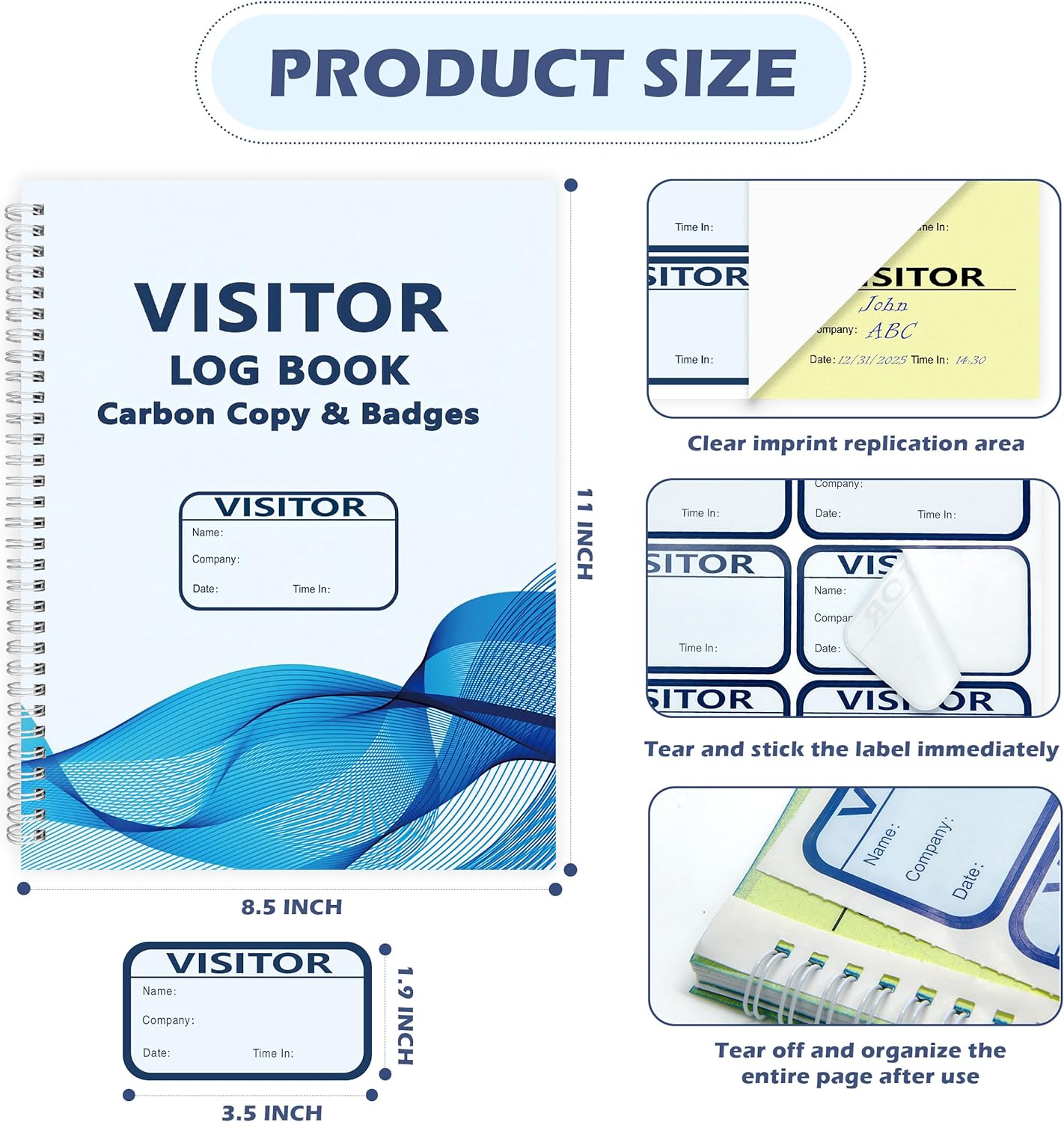 2 Pack of 300 Visitor Badges Registry Log with Carbon Copy Visitor Stickers Letter Size Visitor Log Book Extras Protecting Privacy Pages Spiral-Bound Self Visitor Badges Guest Register Book(2)