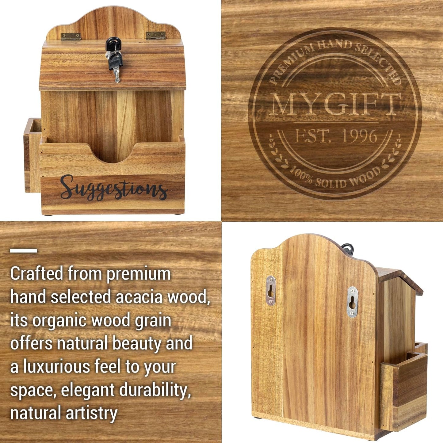 MyGift Premium Solid Acacia Wood Suggestion Box, Wall Mountable Feedback Collector with Black Cursive "Suggestions" Lettering, Comment Card Slot, Pen Holder, Top Lock and Keys