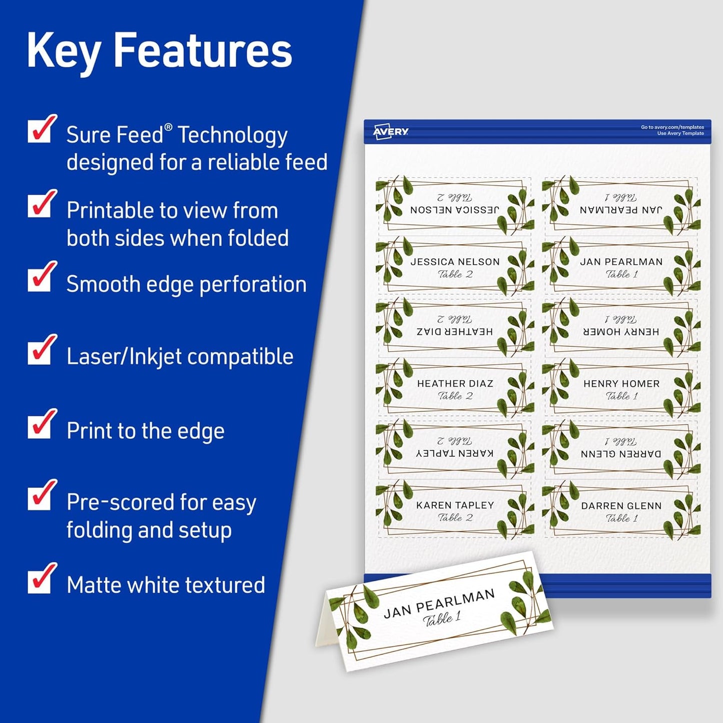 Avery Printable Place Cards with Sure Feed Technology, 1-7/16" x 3-3/4", Matte White, 150 Blank Tent Cards for Laser or Inkjet Printers (5011)