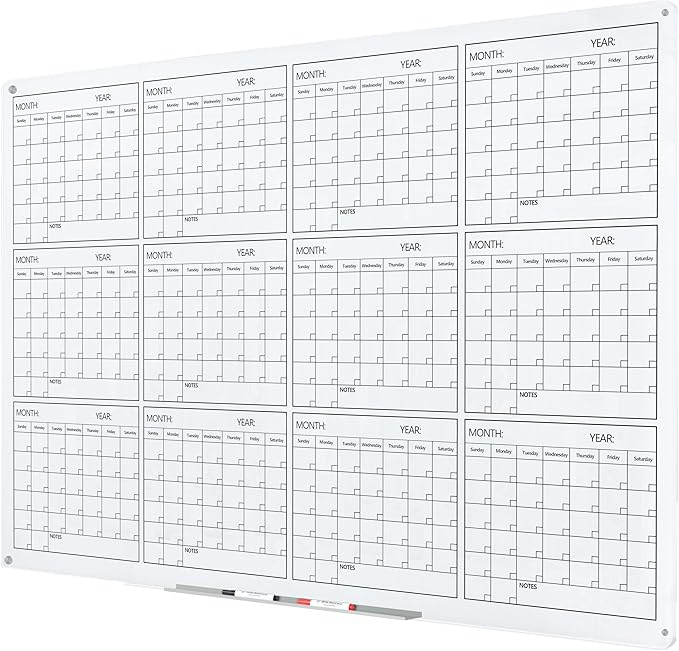J&J worldwide Glass Whiteboard Yearly Calendar - 35" X 47" Large Wall Whitrboard - White Board Dry Erase Planner for Wall Home, School, Office