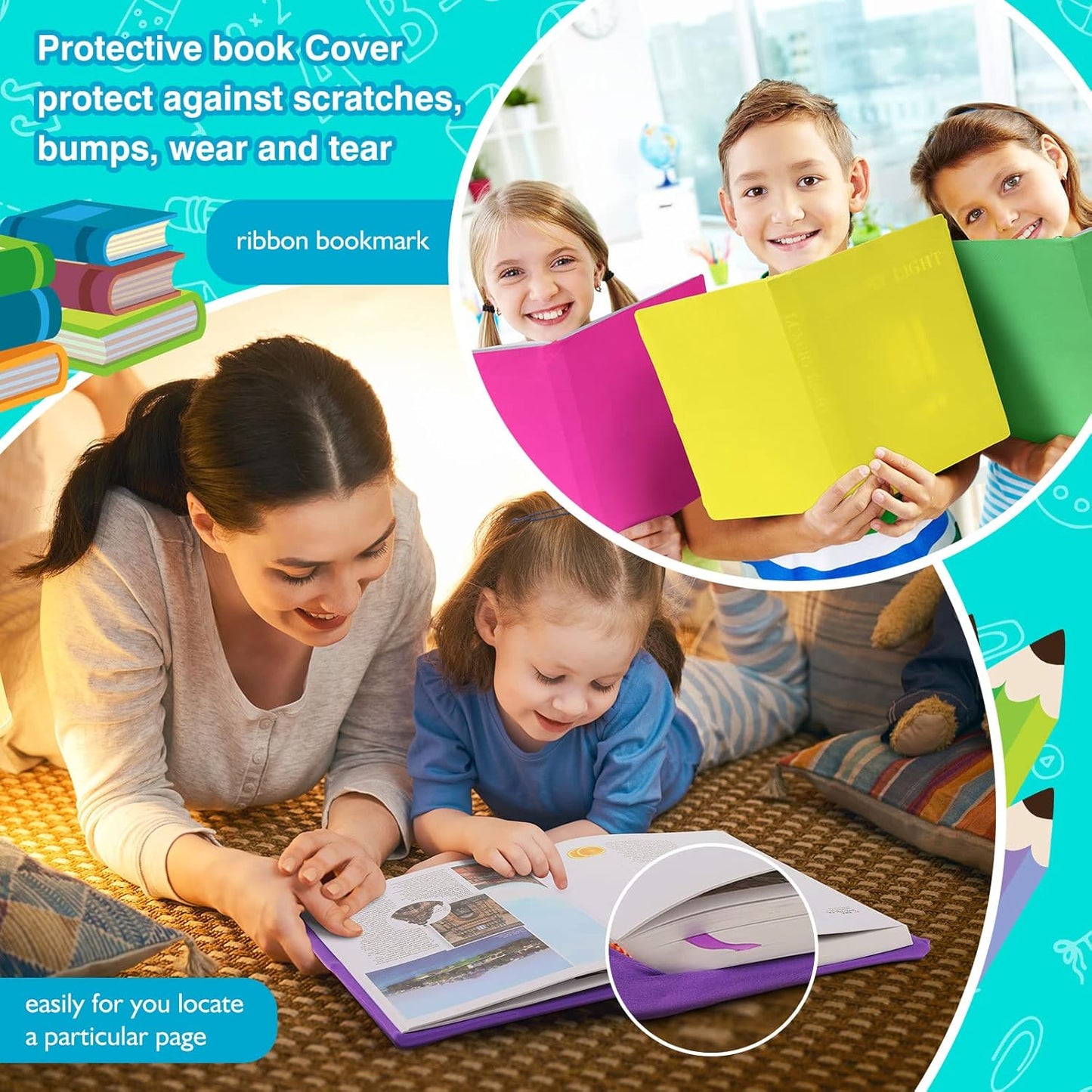Sherr 14 Pack Stretchable Book Covers Reusable Jumbo Bookcloth 9" x 11" Durable Washable Back to School Book Cover Protector for Most Hardcover Books Textbooks(Bright,Classic)