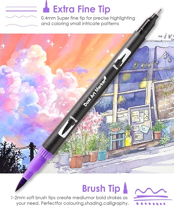 Double Brush Marker Pens, 72 Colors Art Markers Set with Fine Tip and Brush Tip for Kids Adult Coloring Book Hand Lettering Calligraphy Drawing Art Supplies Kit