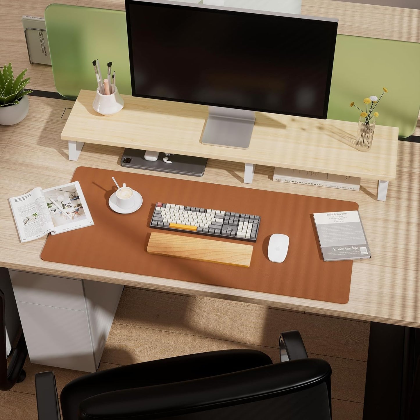 Aothia Double-Sided Desk Pad, Leather Desk Mat, Eco Cork Desk Pad Protector, Large Mouse Pad for Desk, Waterproof Desk Blotter Pad, Writing Pad for Office/Home(23.6""x13.7"",Brown), Brown+cork