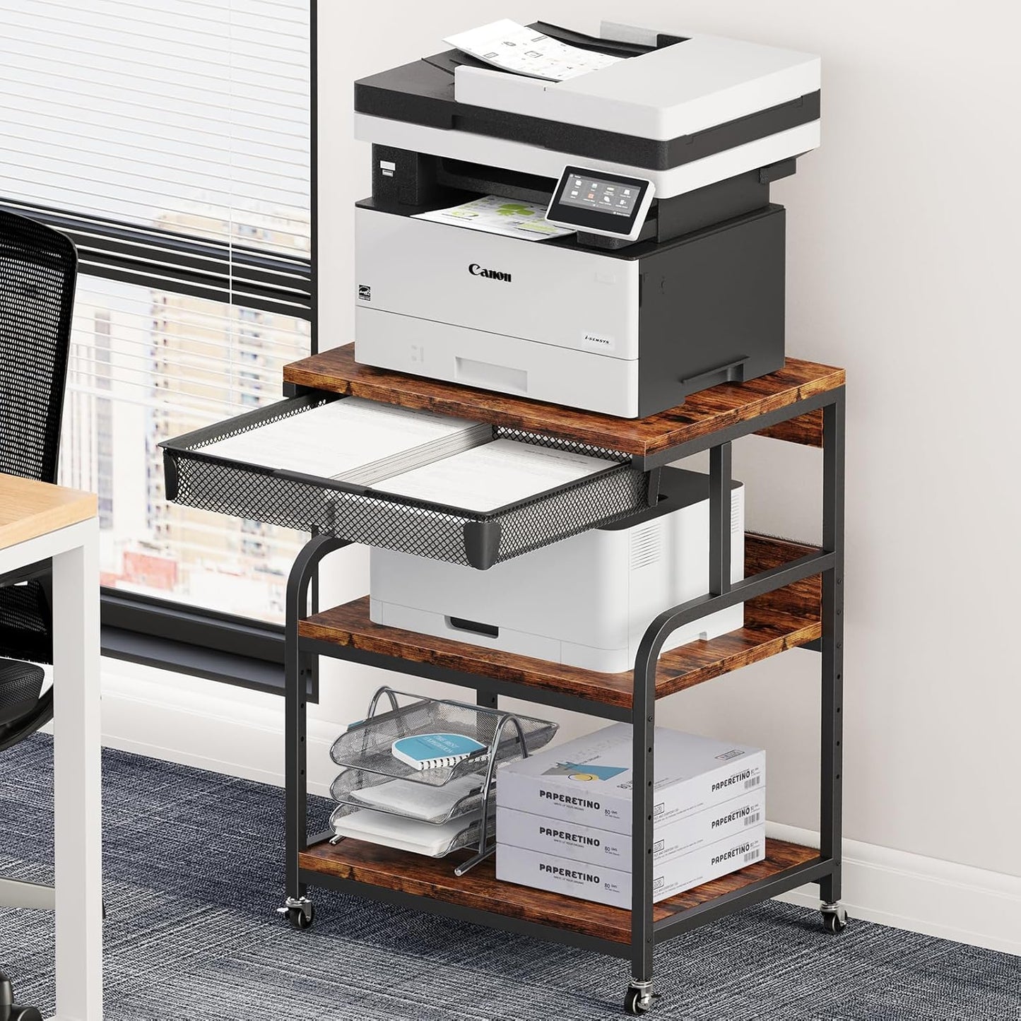 EasyCom 23.6''x18.9'' Extra Large Printer Stand with Drawer, 5-Adjustable Heights 3 Tier Table with Wheels, Rolling Printer Cart with Storage for Printer Scanner Fax Home Office Use