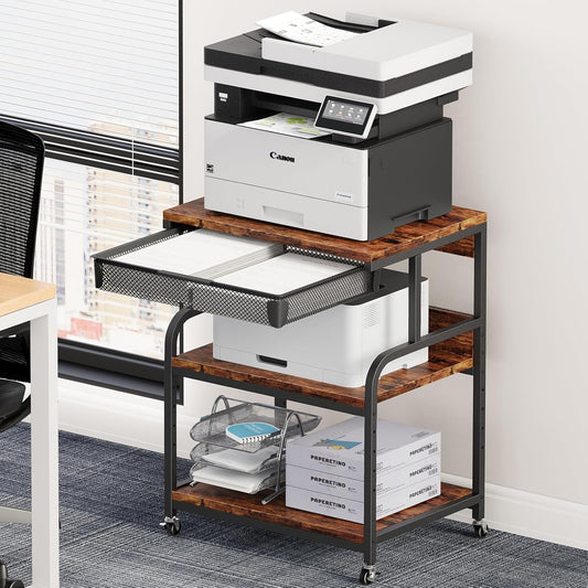 EasyCom 23.6''x18.9'' Extra Large Printer Stand with Drawer, 5-Adjustable Heights 3 Tier Table with Wheels, Rolling Printer Cart with Storage for Printer Scanner Fax Home Office Use