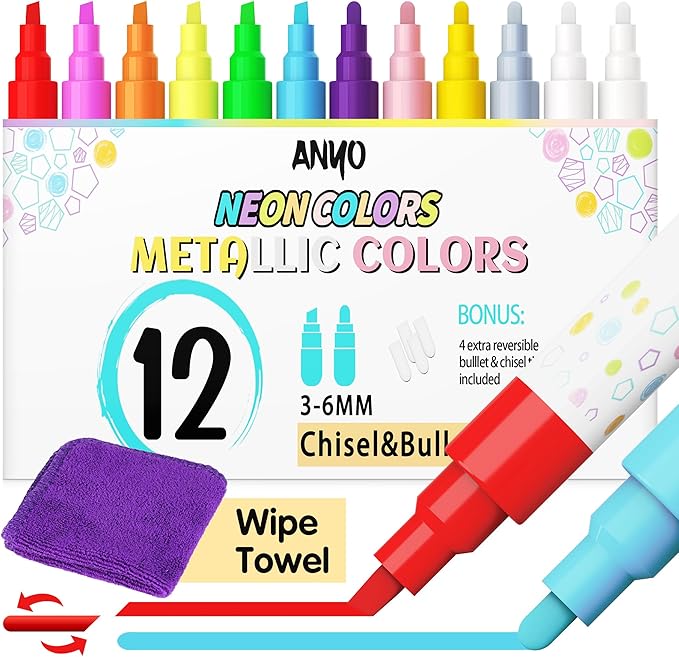 Anyo 12 Pack Window Markers for Cars, Liquid Chalk Markers with 6mm 3 in 1 Nib Bold Tip, Metallic & Neon Color Wet Erase Window Paint for Glass Washable, Glass, Mirror, Blackboard, Bistro, Menus