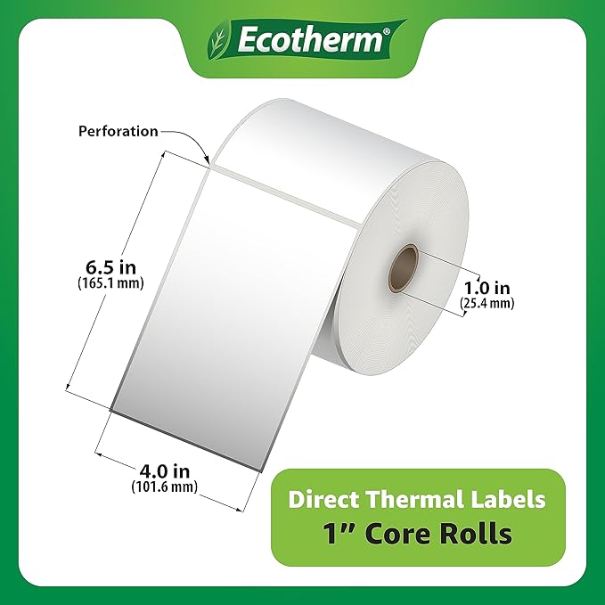 4" x 6.5" Thermal Labels | 6 Rolls | 2280 Labels | fits Zebra, Munbyn, Rollo, Godex, Arkscan, iDPRT, Offnova Thermal Label Printers and More | Blank White Adhesive Stickers by Ecotherm