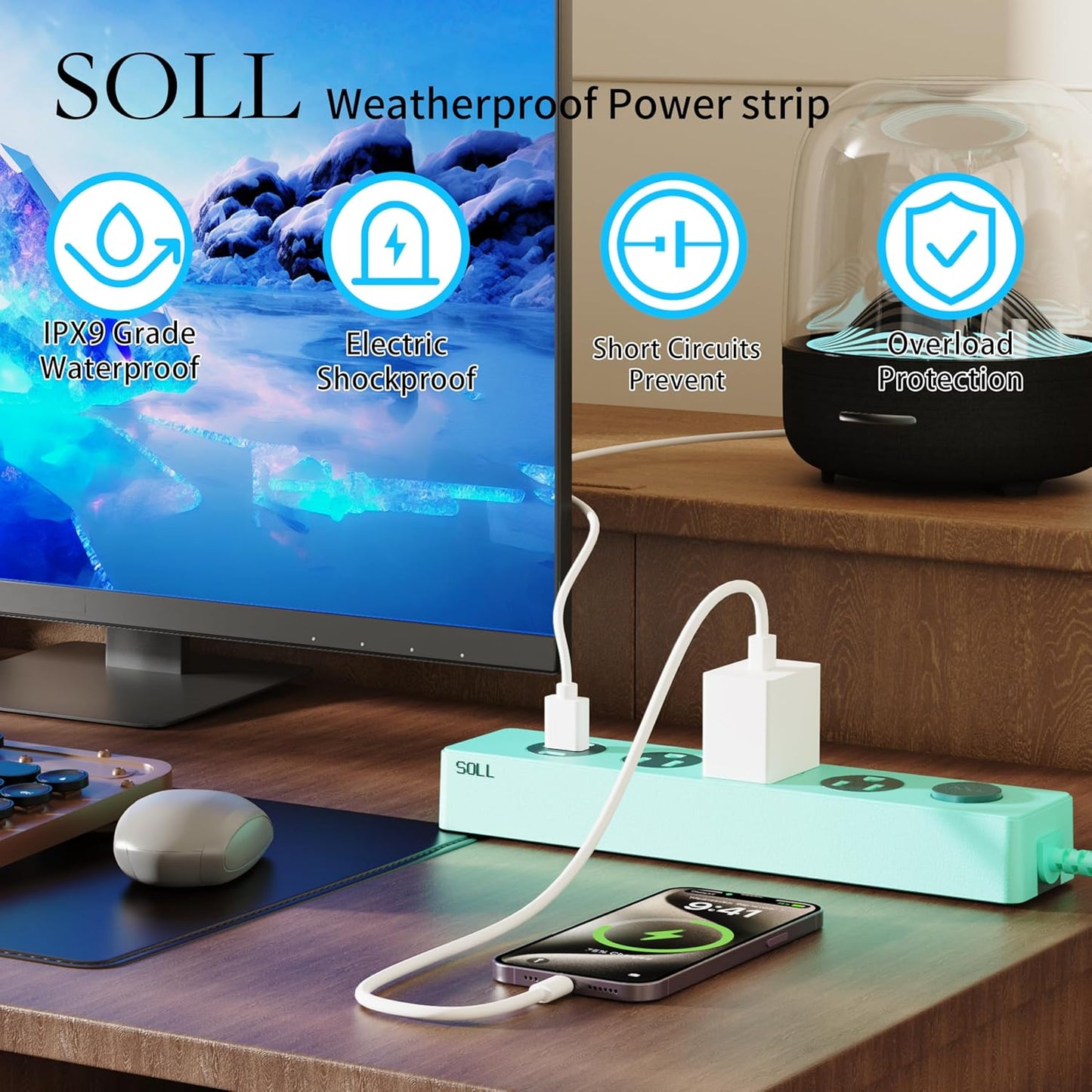 SOLL IPX9 Outdoor Power Strip Weatherproof, Surge Protector Power Strip with 3 Outlet and 3 USB Charging Ports(2 USB C), 5.18FT Extension Cord for Patio, Garden, Bathroom, Kitchen, Garage, Office
