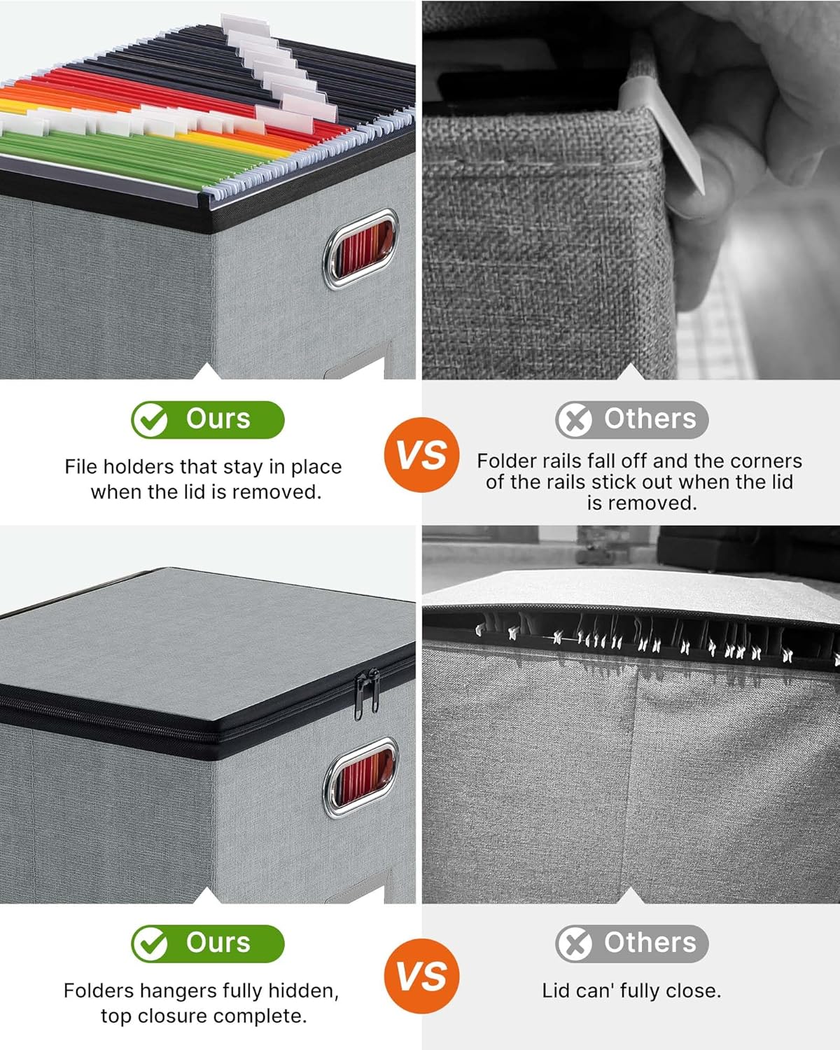 Oterri 2 Pack Large File Organizer Boxes with Lids, File Box with Mesh Pockets, Document Organizer Box for Letter/Legal Size Folders, Zippers Important Document Organizer (Grey, Without Folders)