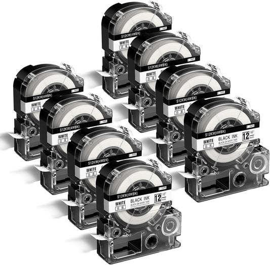 Anycolor LK-4WBN Replace for Epson Label Maker Tape LC-4WBN SS12KW 12mm 0.47" Label Tape Refill Used for Epson LabelWorks LW300 LW400 LW600P LW700, Black on White, 1/2" x 26', 8-Pack