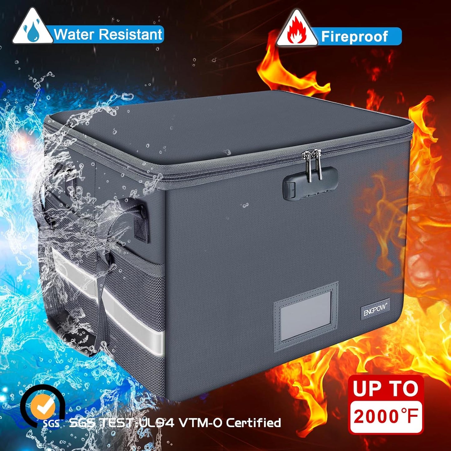 ENGPOW File Box with Lock, Fireproof Document Box with Zipper Lid, Collapsible File Organizer Storage Filing Cabinet with Handle, Portable Home Office Safe for Hanging Letter/Legal Folders, Grey